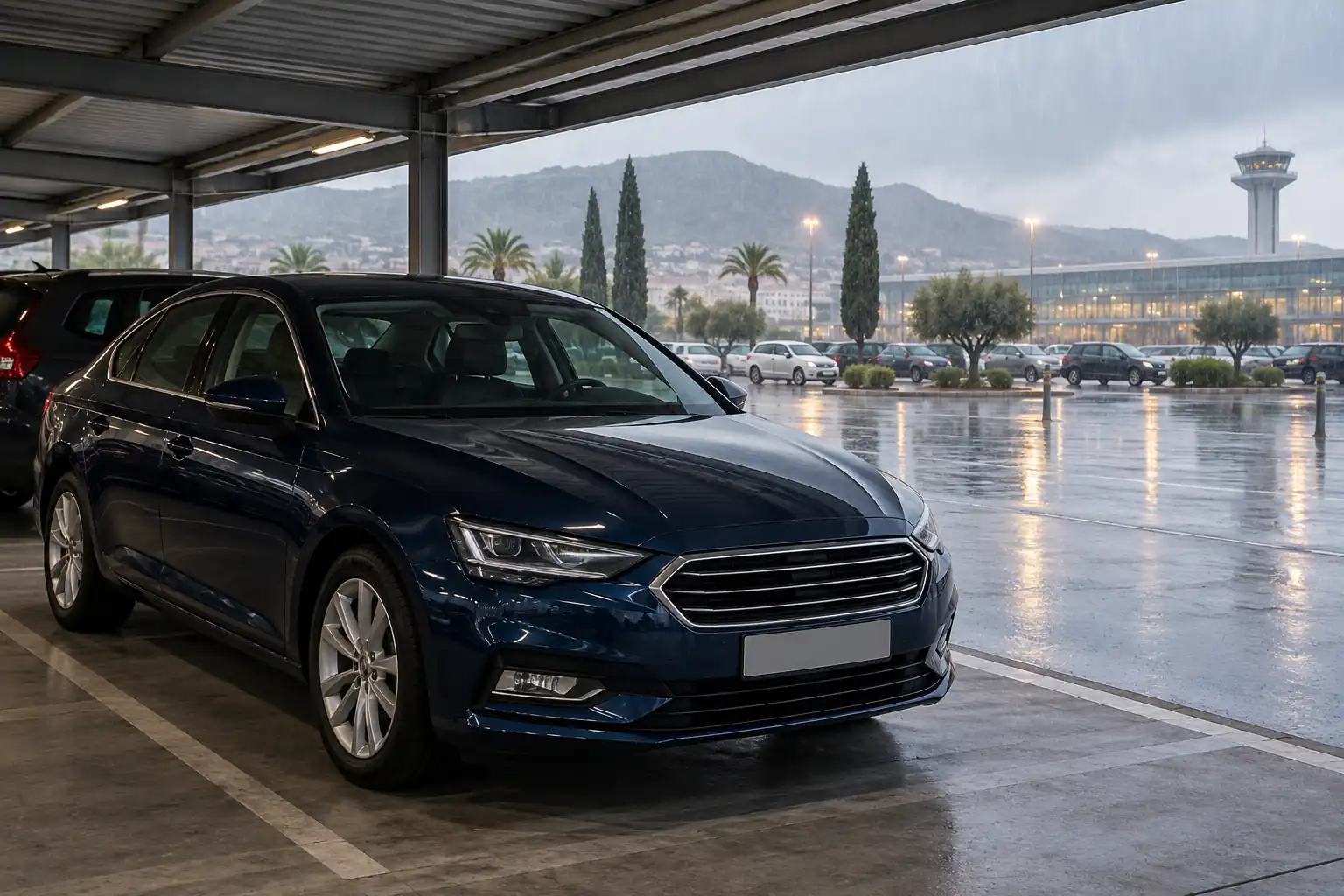 רכב כחול חונה תחת סככה לצד רחבת חניה רטובה מגשם.